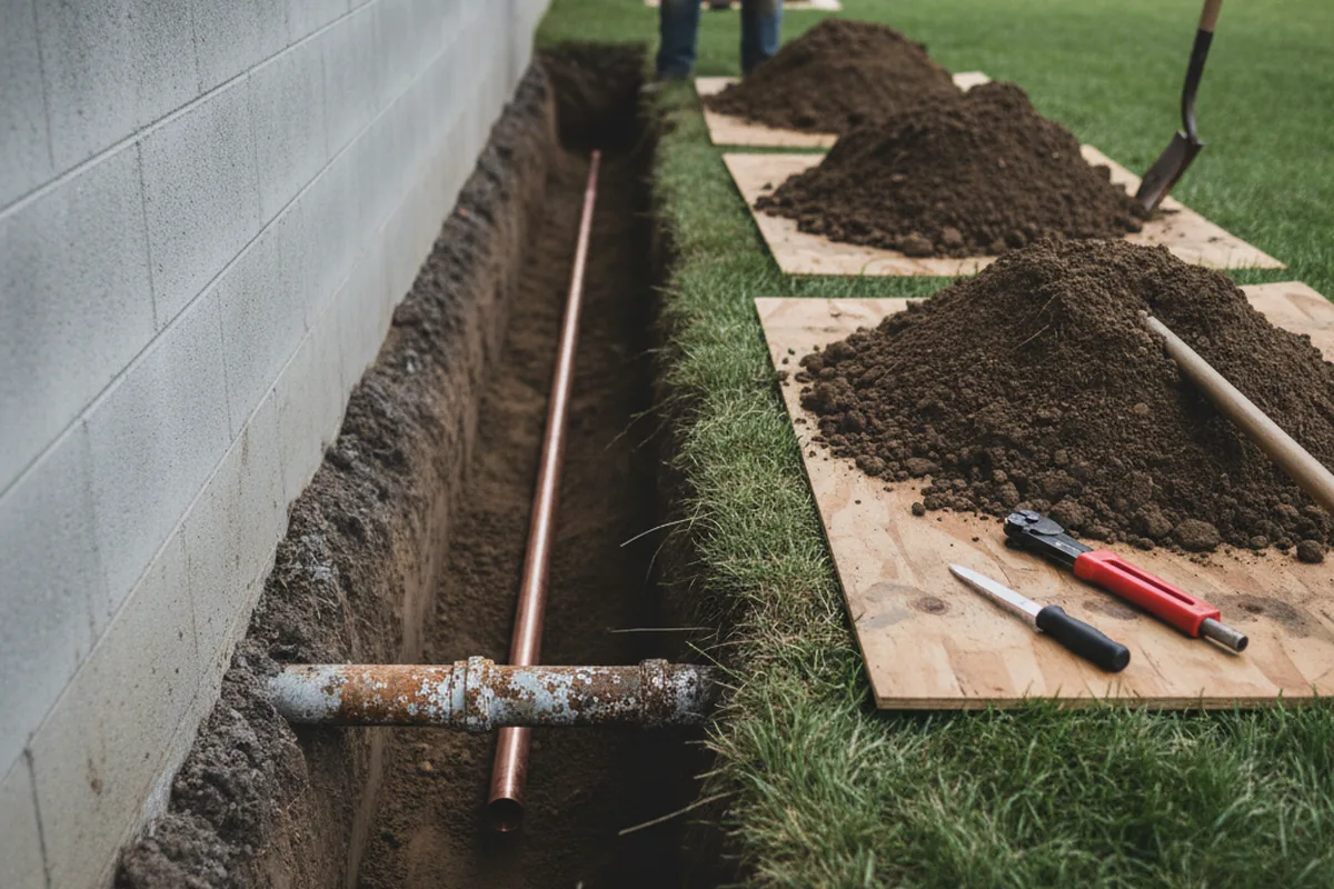 Excavated water line trench during Sewer Line Repair in Raymore